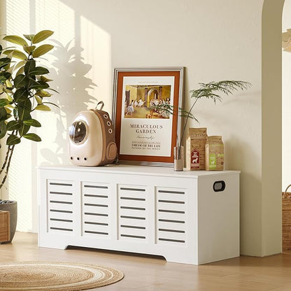 DINZI LVJ Storage Chest, 47.3” Wooden Toy Box with 2 Safety Hinges, Retro Entryway Shoe Storage Bench with Flip-Top, Sturdy Large Storage Trunk for Living Room, Bedroom, Easy Assembly, White