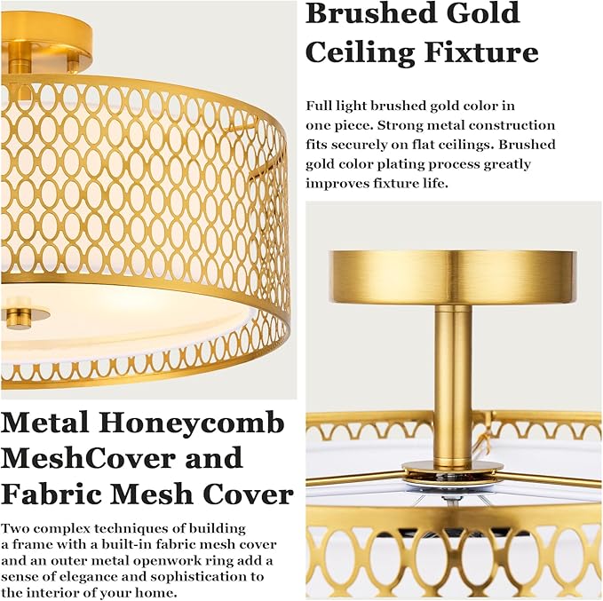 17" Semi Flush Mount Ceiling Light Fixture, 3-Light Gold Light Fixture, Close to Ceiling Light Fixture with White Fabric Lampshade and Gloden Iron Mesh Cage for Dining Room Living Room Bedroom