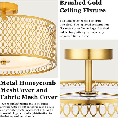17" Semi Flush Mount Ceiling Light Fixture, 3-Light Gold Light Fixture, Close to Ceiling Light Fixture with White Fabric Lampshade and Gloden Iron Mesh Cage for Dining Room Living Room Bedroom