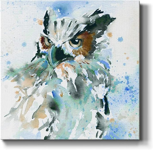 Canvas Prints Wall Art Animals Painting for Wall Décor, Owl On Blue Wall Art, Ready to Hang, 32'' x 32''