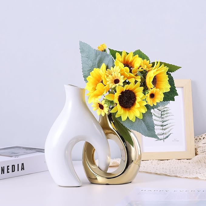 Ceramic Decorative Vases 2 Piece Set, Bohemian Style Openwork White and Gold Decorative Vases, Home Decor Aesthetics for Kitchen Cabinets, Office, Bedroom, Dresser, Entryway Table Decor.