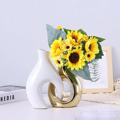 Ceramic Decorative Vases 2 Piece Set, Bohemian Style Openwork White and Gold Decorative Vases, Home Decor Aesthetics for Kitchen Cabinets, Office, Bedroom, Dresser, Entryway Table Decor.