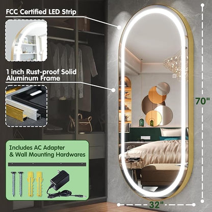 FENNIO 70" x 32" Large Luxury Wall Mounted Mirror with LED Lights - Oval Full Length LED Lighted Full Body Dressing Mirror for Bedroom, Salon, Brushed Aluminum Frame, Tempered Glass