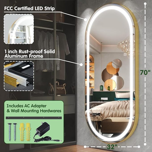 FENNIO 70" x 32" Large Luxury Wall Mounted Mirror with LED Lights - Oval Full Length LED Lighted Full Body Dressing Mirror for Bedroom, Salon, Brushed Aluminum Frame, Tempered Glass