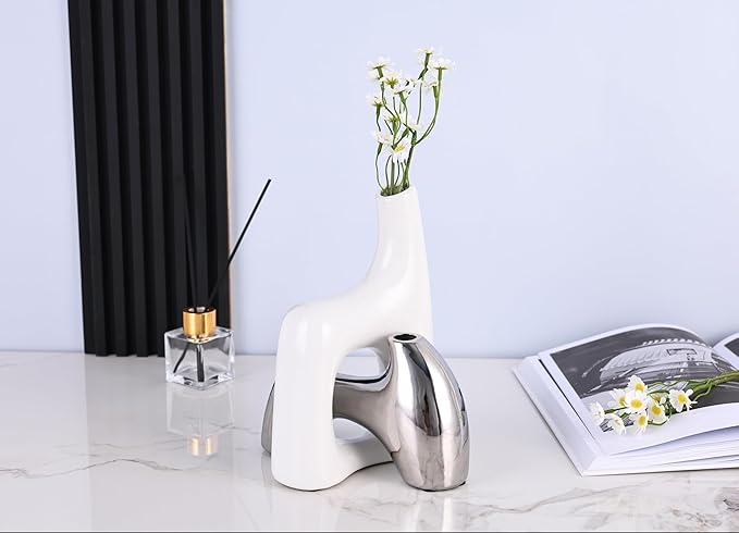 Intertwining Vase Set Snuggle Hollow Ceramic Vase Set of 2 White and Silver Vase Modern Boho Home Decor for Neutral Minimalist Vase for Dining Room Table Centerpiece Dining Room,Wedding Table Deco