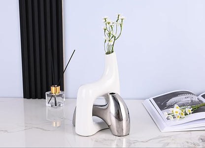 Intertwining Vase Set Snuggle Hollow Ceramic Vase Set of 2 White and Silver Vase Modern Boho Home Decor for Neutral Minimalist Vase for Dining Room Table Centerpiece Dining Room,Wedding Table Deco