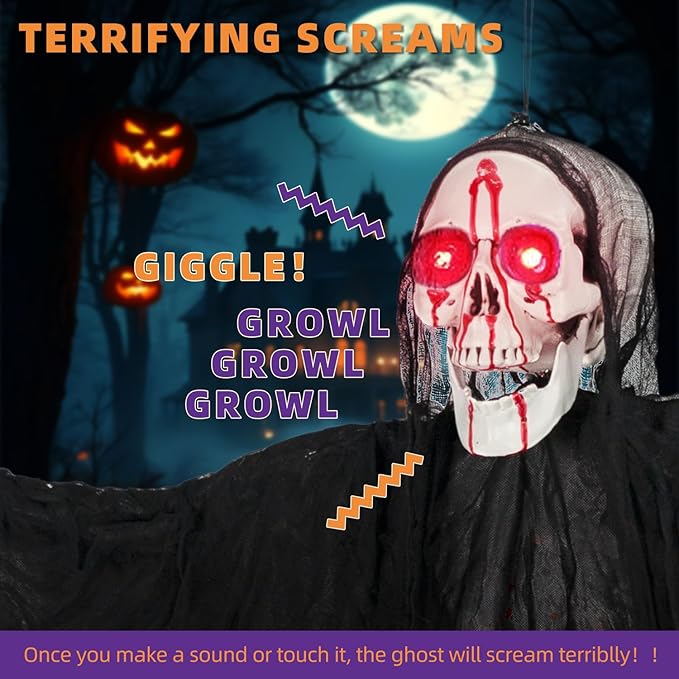 Halloween Decorations Outdoor and Indoor,67" Scary Hanging Ghosts,Halloween Grim Reaper Skeleton with Light-Up Eyes and Creepy Sound,Party Decorations for Yard,Haunted House Decor