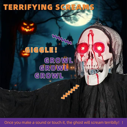 Halloween Decorations Outdoor and Indoor,67" Scary Hanging Ghosts,Halloween Grim Reaper Skeleton with Light-Up Eyes and Creepy Sound,Party Decorations for Yard,Haunted House Decor