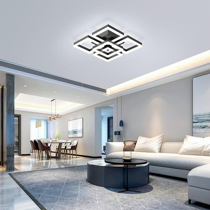 GEADI Modern LED Ceiling Light, 64W Dimmable Black Flush Mount Light 5-Square Ceiling Lamp with Remote Control, Acrylic Ceiling Chandelier Lighting for Living Room Bedroom Office, 3000K-6500K