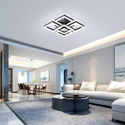 GEADI Modern LED Ceiling Light, 64W Dimmable Black Flush Mount Light 5-Square Ceiling Lamp with Remote Control, Acrylic Ceiling Chandelier Lighting for Living Room Bedroom Office, 3000K-6500K