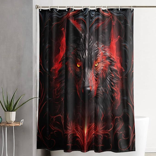 AILONEN 3D Black Wolf Shower Curtain Set,Fire Wolf Head Bathroom Curtain for Kids Girls Boys,Boho Style Shower Curtain,Wild Animal Shower Curtains for Bathroom Decor, 60" W*72" H