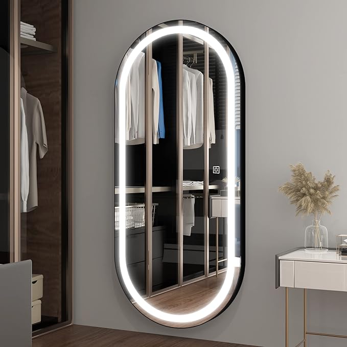FENNIO 70" x 32" Large Luxury Wall Mounted Mirror with LED Lights - Oval Full Length LED Lighted Full Body Dressing Mirror for Bedroom, Salon, Brushed Aluminum Frame, Tempered Glass