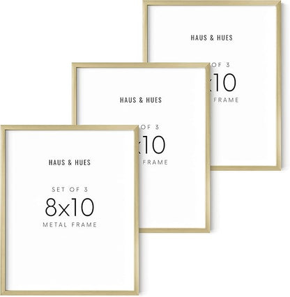 HAUS AND HUES Gold 8x10 Picture Frames - Frame Set of 3, Metal Frames, Gallery Wall Set, Photo for Walls, Prints (Gold Aluminum Frames), in
