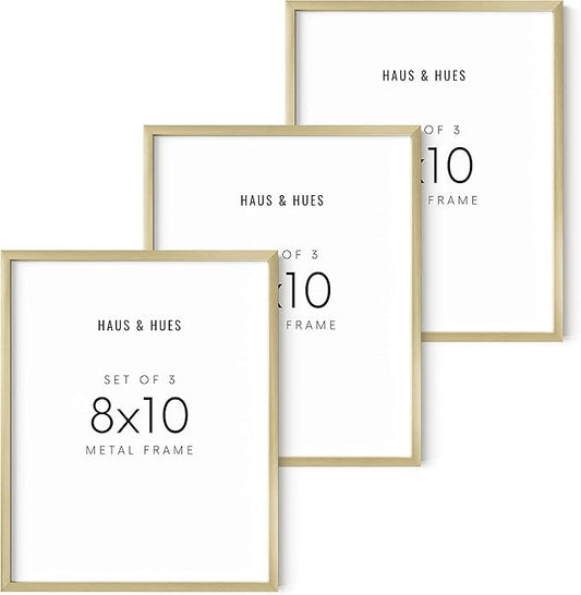 HAUS AND HUES Gold 8x10 Picture Frames - Frame Set of 3, Metal Frames, Gallery Wall Set, Photo for Walls, Prints (Gold Aluminum Frames), in