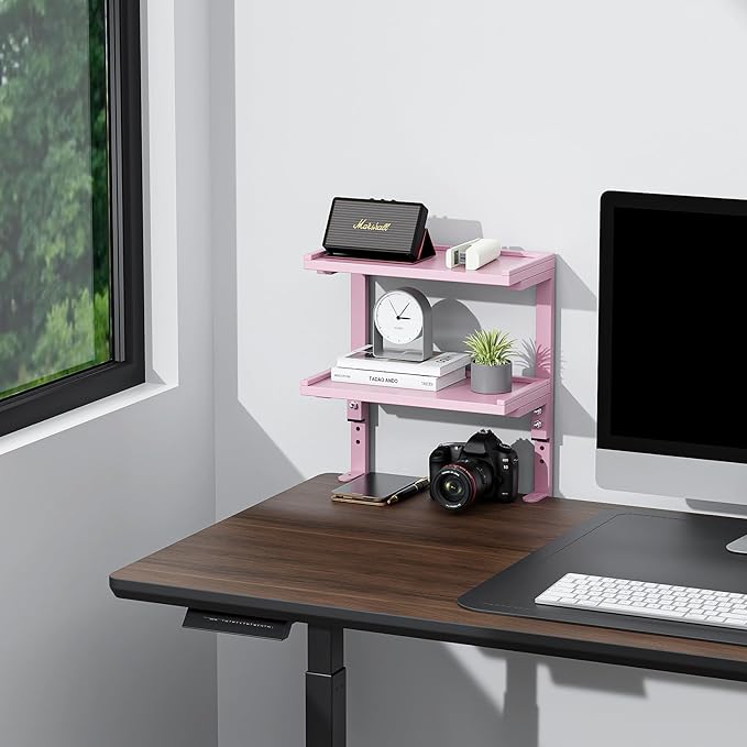 2-Tier Desk Shelf, Expandable Under Desk Storage, Clamp on Desk Shelf, Desktop Accessories for Offices, Study Rooms, and Game Rooms (Pink)