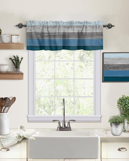 Farmhouse Kitchen Curtains Valances for Windows ,Blue Gray Ocean Hues Rod Pocket Country Window Treatment for Kitchen /Living Room/Bedroom/ Bathroom,60" X 18" -1 Panel, Retro Rustic Barn Wood Texture