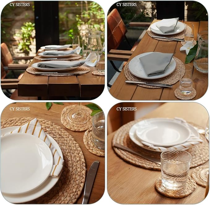 Round Woven Placemats Set of 6 with 6 Coasters Natural Water Hyacinth Place Mats, 13.5 Inch Rattan Placemats Wicker Farmhouse Boho Straw Heat Resistant Outdoor Placemats Patio Table Mats