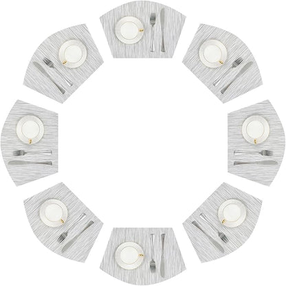SHACOS Wedge Placemats Set of 8 Woven Vinyl Placemats for Round Table Place Mats Wipe Clean Non Slip Table Mats, Gray White