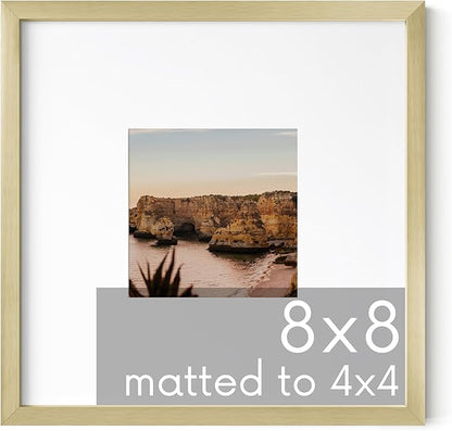 HAUS AND HUES 8x8 Gold Metal Picture Frame Matted to 4x4 - Features Premium Aluminum & Hanging Hardware, Shatterproof Plexiglass - Ideal for Home, Room, Office (8x8 in, Gold, Set of 1)