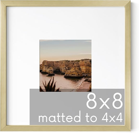 HAUS AND HUES 8x8 Gold Metal Picture Frame Matted to 4x4 - Features Premium Aluminum & Hanging Hardware, Shatterproof Plexiglass - Ideal for Home, Room, Office (8x8 in, Gold, Set of 1)