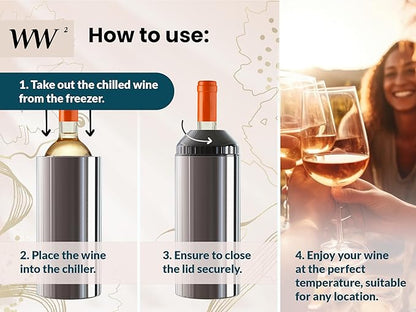 WW² - Wine Chiller With Stopper | Double-Wall Insulation, Anti-Slip Base | Up to 4" Diameter | Adjustable Silicone Top for Serving & Longer Cooling