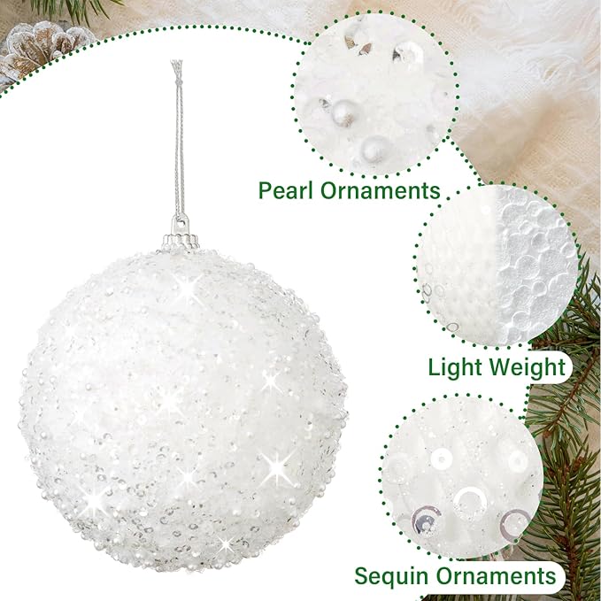 3.15" Christmas Ball Ornaments Glitter Shatterproof Christmas Tree Ornaments Sequin Xmas Hanging Balls Decorations for Wedding Party Holiday(White, 12pc-8cm)