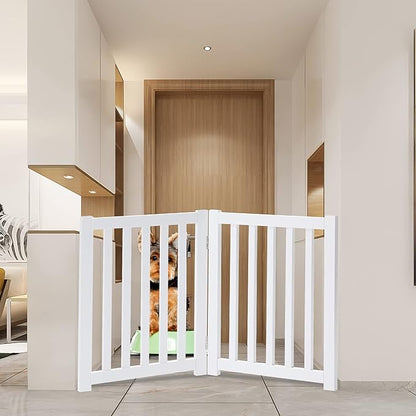 LZRS 2-Panel Wooden Free Standing Foldable Dog Gate – Solid Hardwood 24" High, Step-Over Safety Pet Gate for Doorways, Stairs & Small Spaces - Indoor Use, White