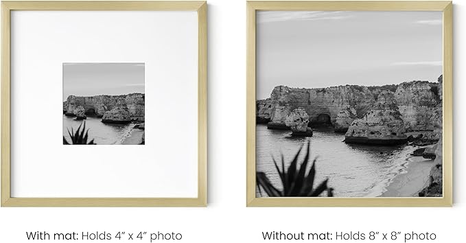 HAUS AND HUES 8x8 Gold Metal Picture Frames Matted to 4x4 - Features Premium Aluminum & Hanging Hardware, Shatterproof Plexiglass - Ideal for Home, Room, Office (8x8 in, Gold, Set of 15)
