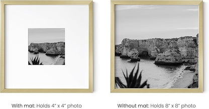 HAUS AND HUES 8x8 Gold Metal Picture Frames Matted to 4x4 - Features Premium Aluminum & Hanging Hardware, Shatterproof Plexiglass - Ideal for Home, Room, Office (8x8 in, Gold, Set of 15)