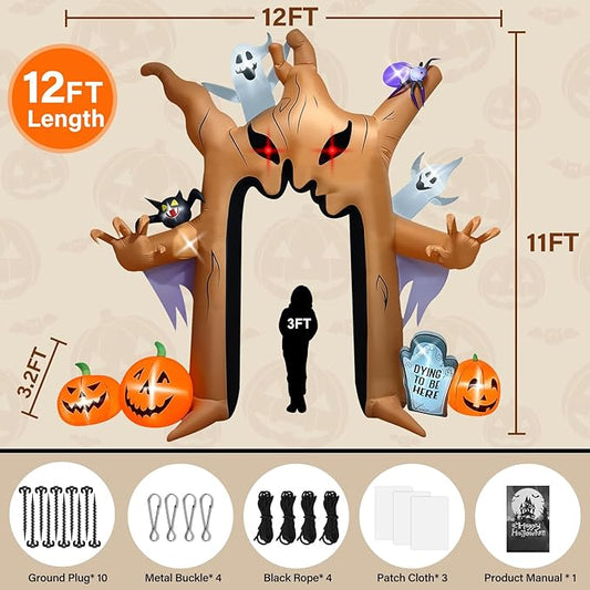 Kalolary 12FT Halloween Inflatables Archway Ghost Tree Outdoors Decoration, Dead Tree Arch Inflatable with Pumpkin Bat Spider Blow Up Yard Decoration with Build-in Lights for Garden Lawn Outdoor Decor