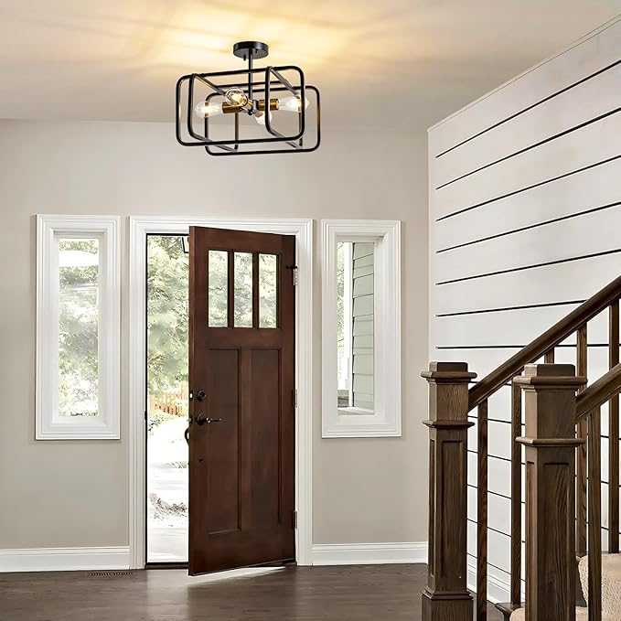 KSRYSZCQ 4 Light Semi Flush Mount Ceiling Light 20" Black Ceiling Light Fixture E26 Metal Farmhouse Kitchen Light Fixture for Dining Room Hallway Entryway Bedroom Living Room.