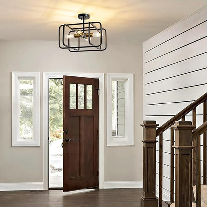 KSRYSZCQ 4 Light Semi Flush Mount Ceiling Light 20" Black Ceiling Light Fixture E26 Metal Farmhouse Kitchen Light Fixture for Dining Room Hallway Entryway Bedroom Living Room.