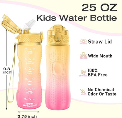 OLDLEY Kids Water Bottle for School, 25 oz (Straw Lid) BPA-Free Reusable Leak-proof Durable Tritan Plastic Water Bottles with One-handed Opening Straw Lids, Anti-dust Spout Cover (Nectarine)