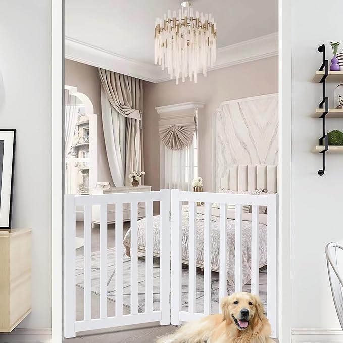 LZRS 4-Panel Wooden Free Standing Foldable Dog Gate – 24" High, Extra Wide Step-Over Safety Pet Gate for Doorways, Stairs, Hallways, Large Spaces & Playpen for Puppies Indoor Use, White