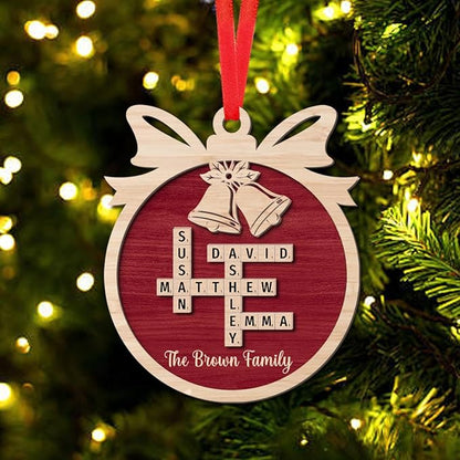Custom Family Crossword Ornament, Personalized Wooden Christmas Decoration