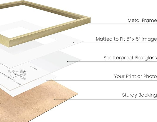 HAUS AND HUES 10x10 Gold Metal Picture Frames Matted to 5x5 - Features Premium Aluminum & Hanging Hardware, Shatterproof Plexiglass - Ideal for Home, Room, Office (10x10 in, Gold, Set of 9)