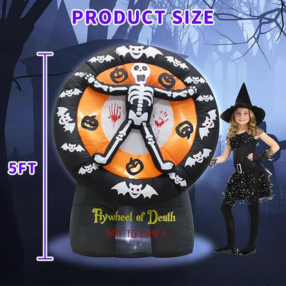 5FT Halloween Day of The Dead Skull Ghost Death Flywheel Inflatable Outdoor Decoration with Built-in LED for Indoor Party Garden Lawn Decoration