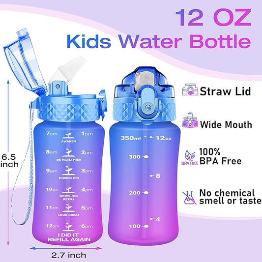 OLDLEY Kids Water Bottle for School, 12 oz (Straw Lid) BPA-Free Reusable Leak-proof Durable Tritan Plastic Water Bottles with One-handed Opening Straw Lids, Anti-dust Spout Cover (Lake)
