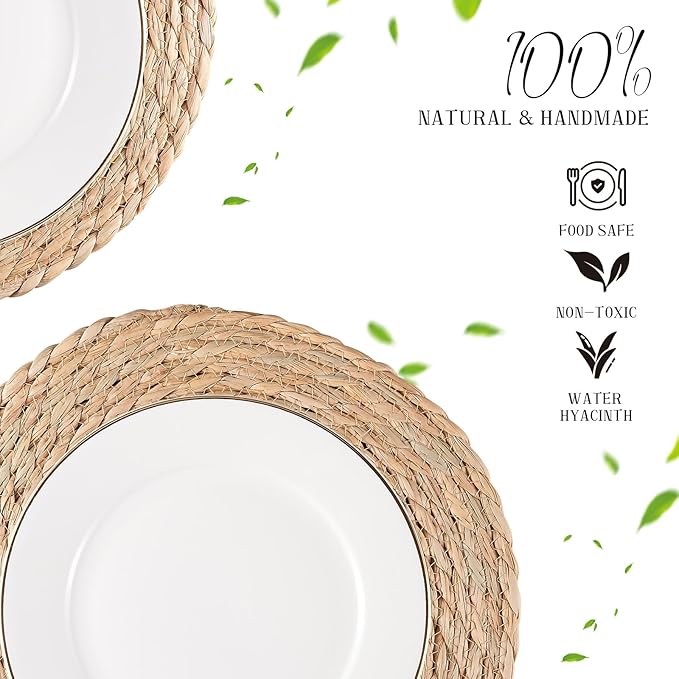 Round Woven Placemats Set of 6, Natural Water Hyacinth Place mats, 13.8 inch Rattan Placemats Wicker Placemats Farmhouse Boho Braided Heat Resistant Outdoor Placemat Patio Table Place Mats