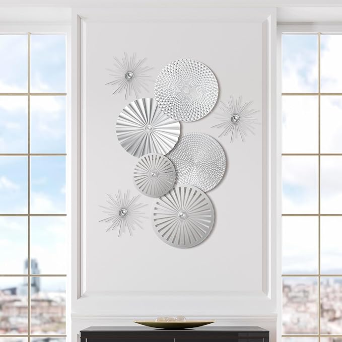 8 Pcs Gold Wall Decor Modern Metal Decor Metal Starbursts Radial Plate Art Hanging Decorative Wall Decorations for Home Bedroom Bathroom Living Room Office Sculpture(Silver)