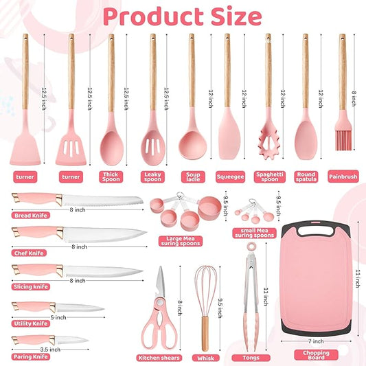 37 PCS Kitchen Utensils Set, Silicone Cooking Utensils Set with Kitchen Knife Set and Holder, Wooden Handle Kitchen Tool Set - Kitchenware Set (Pink)