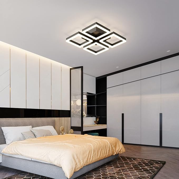 GEADI Led Ceiling Light, Modern 4-Square Ceiling Lamp 52W Dimmable Flush Mount Ceiling Chandelier for Living Dining Room Bedroom Kitchen, Black