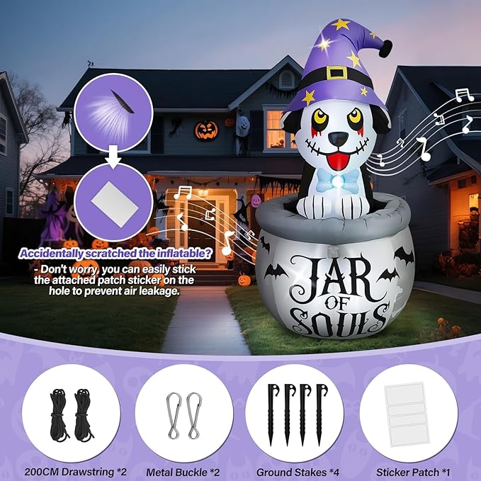 Kalolary 7FT Halloween Inflatables Animated Puppy Dog with Music, Witch Cauldron Halloween Blow Up Yard Decoration with Built-in LEDs for Indoor Outdoor Holiday Party Garden Lawn Decor