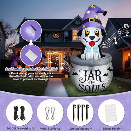 Kalolary 7FT Halloween Inflatables Animated Puppy Dog with Music, Witch Cauldron Halloween Blow Up Yard Decoration with Built-in LEDs for Indoor Outdoor Holiday Party Garden Lawn Decor