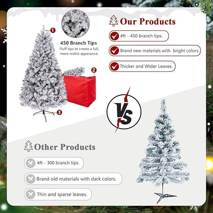 4ft Flocked Artificial Christmas Tree, Arbol de Navidad with 450 Branch Tips, Fake Christmas Tree, Premium Spruce Xmas Tree with Fold-Able Metal Base Stand