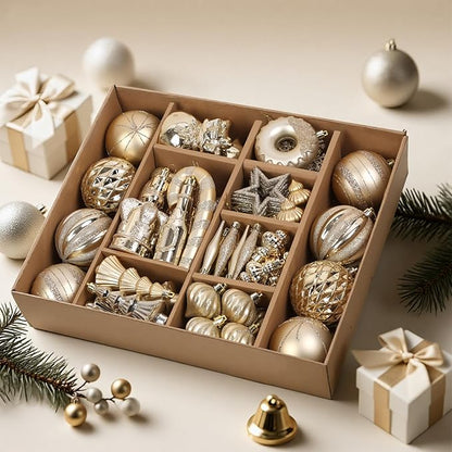 SHareconn 70pcs 2025 Classic Christmas Balls Ornaments Set, Shatterproof Plastic Baubles, Ribbon and Tree Topper for Xmas Tree Holiday Wedding Party Decorations with Hanging Strings, Champagne Gold