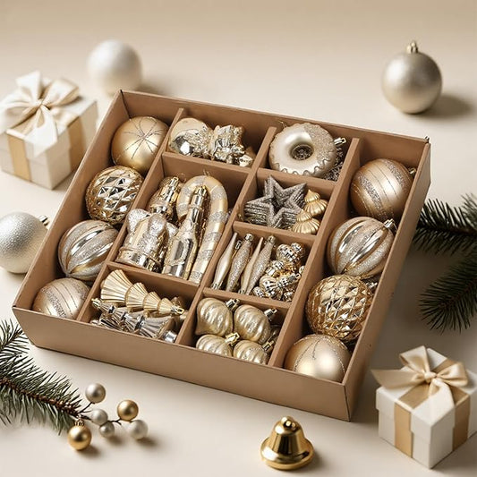 SHareconn 70pcs 2025 Classic Christmas Balls Ornaments Set, Shatterproof Plastic Baubles, Ribbon and Tree Topper for Xmas Tree Holiday Wedding Party Decorations with Hanging Strings, Champagne Gold