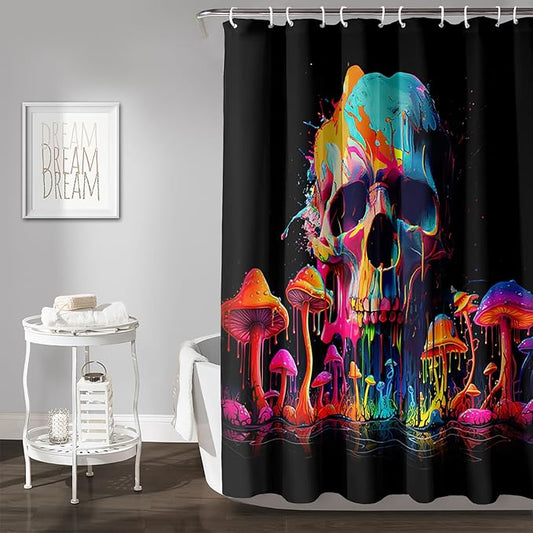 AILONEN Mushroom Skull Shower Curtain for Bathroom, 3D Oil Painting Mushroom Skull Bath Curtain for Kids Boys Girls,Modern Abstract Print Waterproof Black Curtain with 12 Plastic Hooks, 48" W*72" H