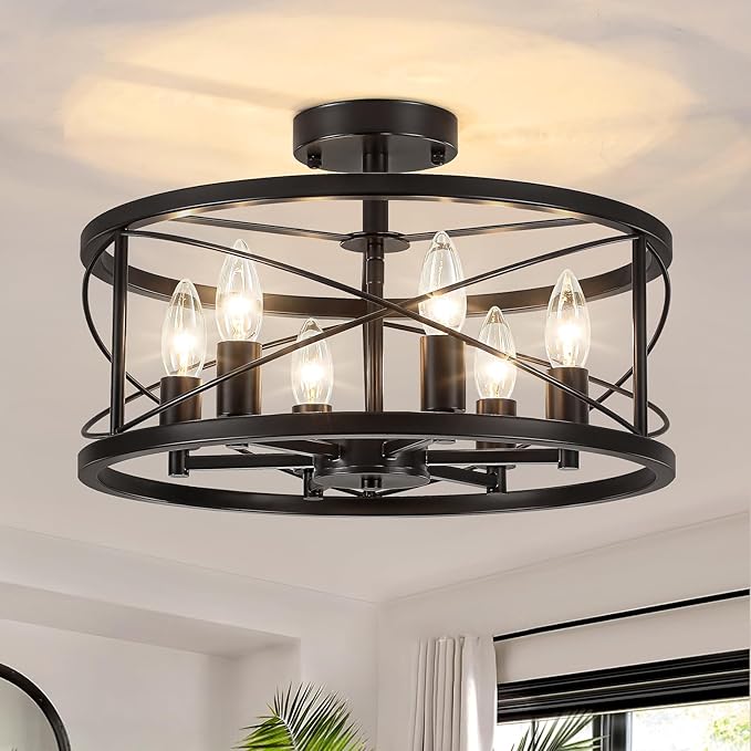 6-Light Black Semi Flush Mount Ceiling Light, 16.93'' Modern Farmhouse Close to Ceiling Light Fixtures, Ceiling Lamp for Hallway Entryway Kitchen Dining Room Living Room Bedroom Lights, UL Listed