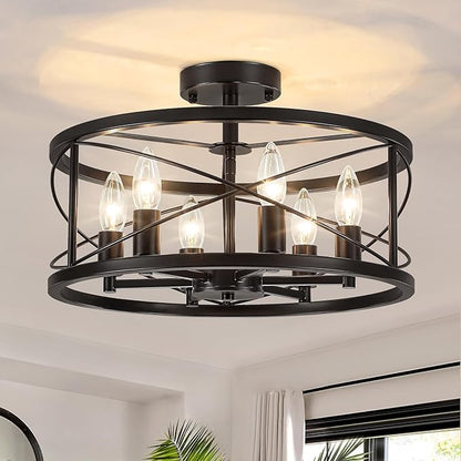 6-Light Black Semi Flush Mount Ceiling Light, 16.93'' Modern Farmhouse Close to Ceiling Light Fixtures, Ceiling Lamp for Hallway Entryway Kitchen Dining Room Living Room Bedroom Lights, UL Listed